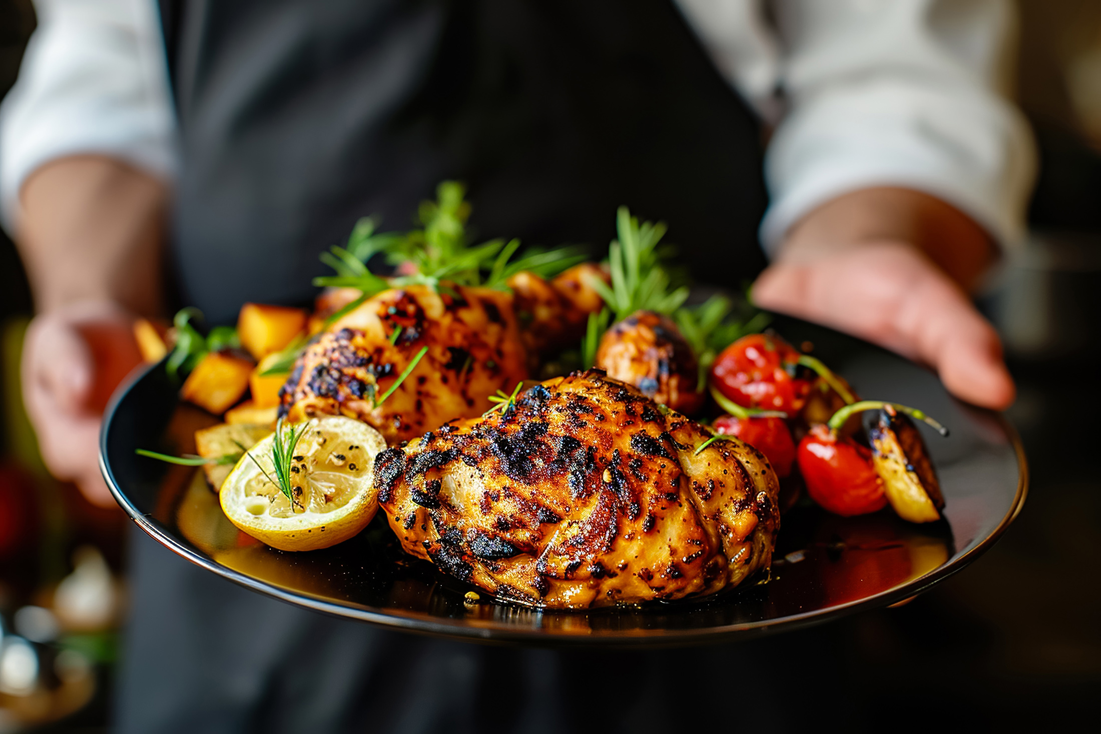 A chef is holding a plate of food, which includes chicken, potatoes
