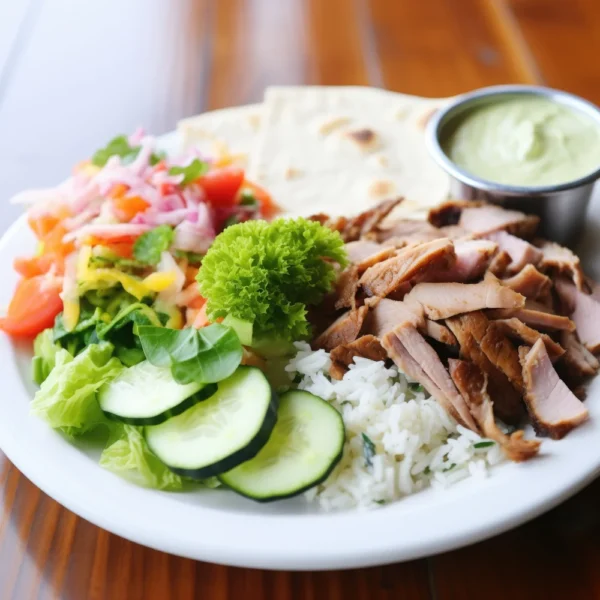 gyro-platter-with-rice-vegetables-tzatziki-sauce