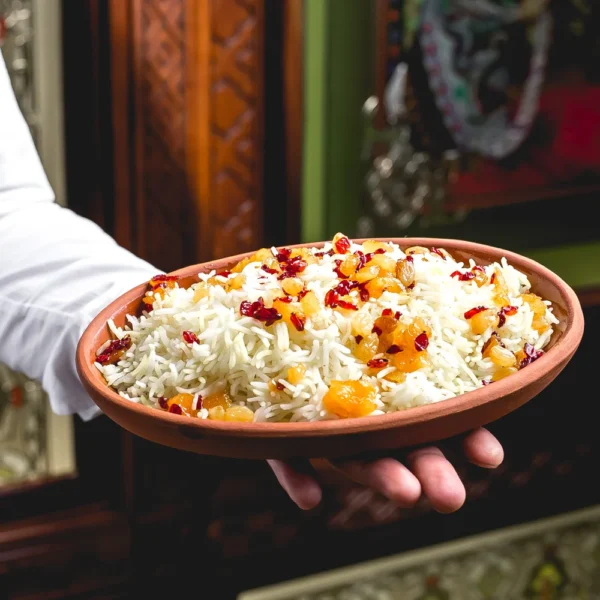 side-view-man-holds-plate-with-boiled-rice-with-raisins-barberries